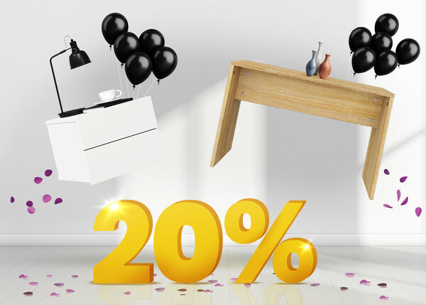 White bedside table with a lamp and cup and a wooden desk with vases, lifted by black balloons and surrounded by purple confetti, with a large yellow 20% sign on a white background.