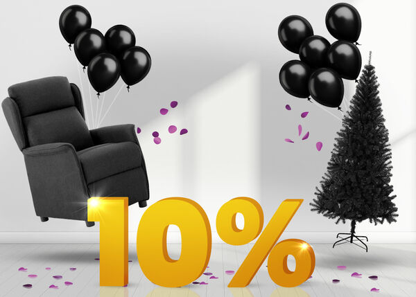 Dark grey recliner chair and black artificial Christmas tree lifted by black balloons and surrounded by purple confetti, with a large yellow 10% sign on a white background.