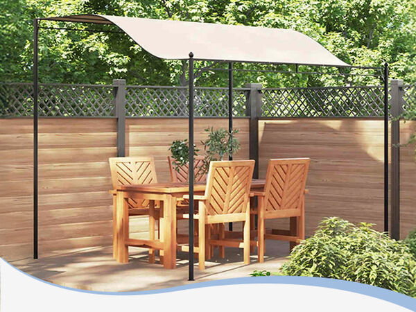 Wooden dining set under canopy in a styled outdoor setting. Click to see the products in the collection.