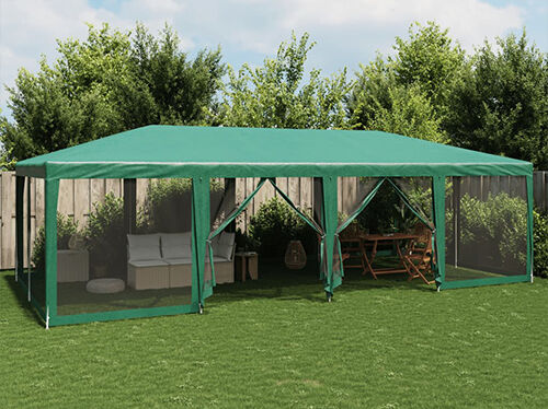 Green outdoor gazebo with mesh side panels set up on a garden lawn, with seating and a dining table inside. Click to see the products in the collection.
