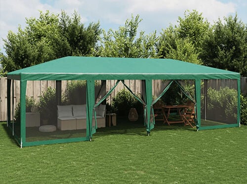 Green outdoor gazebo with mesh side panels set up on a garden lawn, with seating and a dining table inside. Click to see the products in the collection.