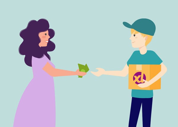 Customer paying cash to a delivery person for a package, illustrating the cash-on-delivery option.