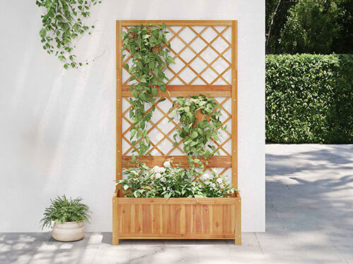 Wooden planter with trellis and climbing green plants, set against white wall on a patio. Click to see the products in the collection.