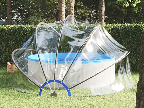 Above-ground pool in a garden covered by a clear protective dome with a foldable frame. Click to see the products in the collection.