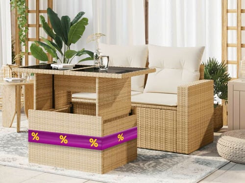Backyard with a wooden slatted sofa featuring white cushions, paired with a matching side table. Click to explore more deals.