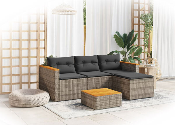 Backyard with a 4-seat rattan sofa featuring wooden armrest details, paired with a table with a wooden tabletop. Click to see more new products