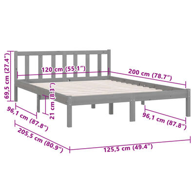 vidaXL Bed Frame without Mattress Grey Solid Wood 120x200 cm