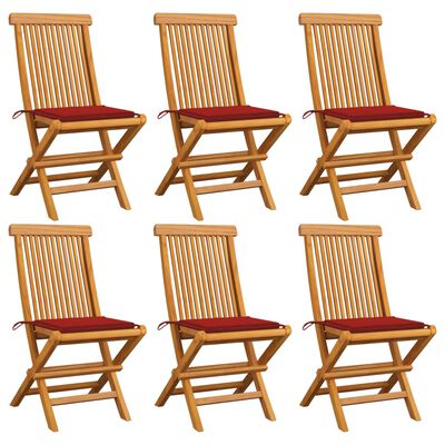 vidaXL Garden Chairs with Red Cushions 6 pcs Solid Teak Wood