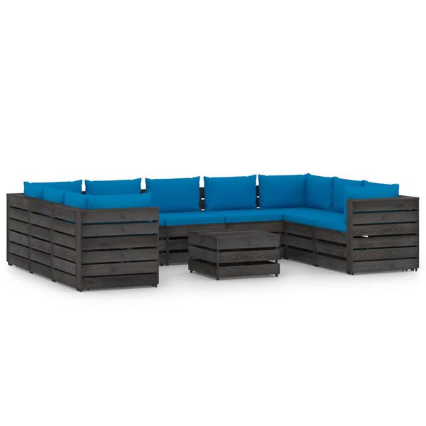 vidaXL 10 Piece Garden Lounge Set with Cushions Grey Impregnated Wood