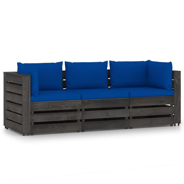 vidaXL 3-Seater Garden Sofa with Cushions Grey Impregnated Wood