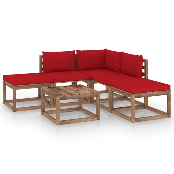 vidaXL 6 Piece Garden Lounge Set with Red Cushions