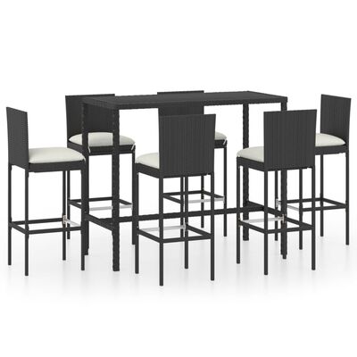 vidaXL 7 Piece Garden Bar Set with Cushions Poly Rattan Black