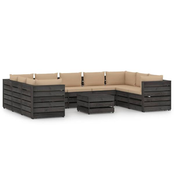 vidaXL 10 Piece Garden Lounge Set with Cushions Grey Impregnated Wood
