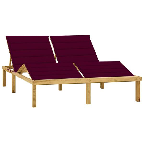 vidaXL Double Sun Lounger & Wine Red Cushions Impregnated Pinewood