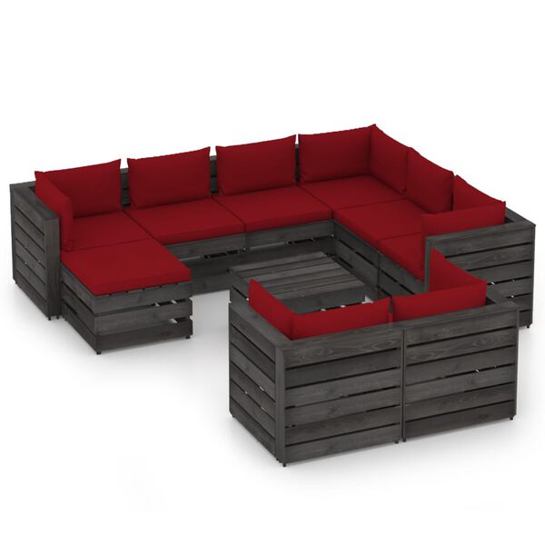 vidaXL 10 Piece Garden Lounge Set with Cushions Grey Impregnated Wood