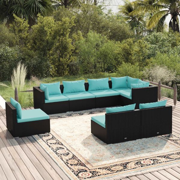 vidaXL 8 Piece Garden Lounge Set with Cushions Poly Rattan Black