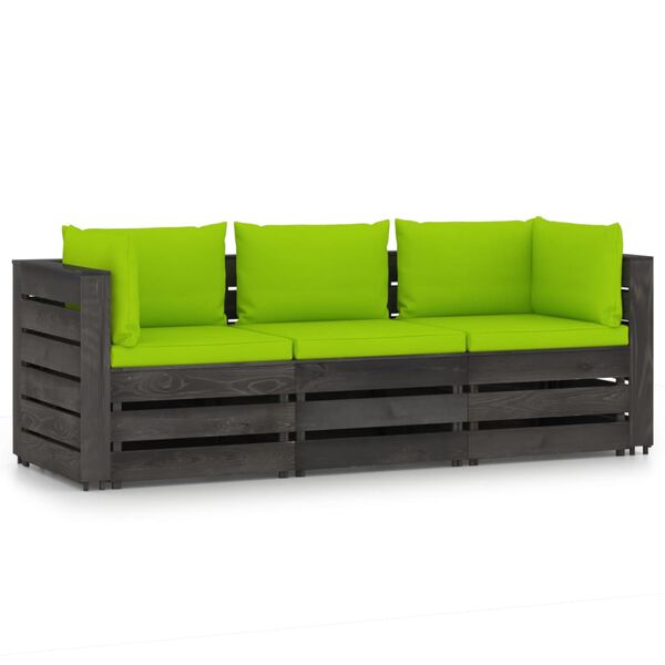 vidaXL 3-Seater Garden Sofa with Cushions Grey Impregnated Wood