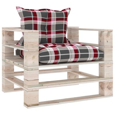 vidaXL Garden Pallet Sofa with Red Check Pattern Cushions Pinewood