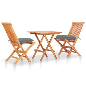 vidaXL 3 Piece Bistro Set with Grey Cushions Solid Teak Wood