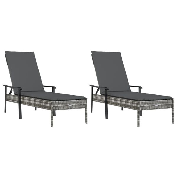 vidaXL Sun Loungers 2 pcs with Table and Cushions Grey Poly Rattan