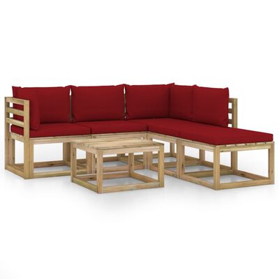 vidaXL 6 Piece Garden Lounge Set with Wine Red Cushions