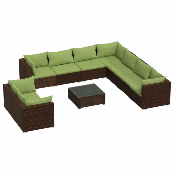 vidaXL 10 Piece Garden Lounge Set with Cushions Brown Poly Rattan