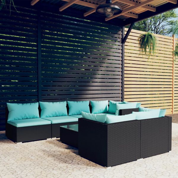 vidaXL 8 Piece Garden Lounge Set with Cushions Black Poly Rattan