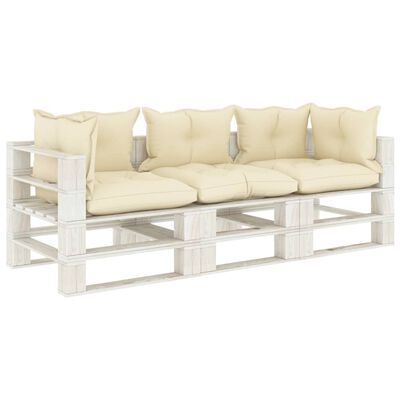 vidaXL Garden Pallet Sofa 3-Seater with Cream Cushions Wood