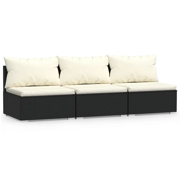 vidaXL 3-Seater Sofa with Cushions Black Poly Rattan