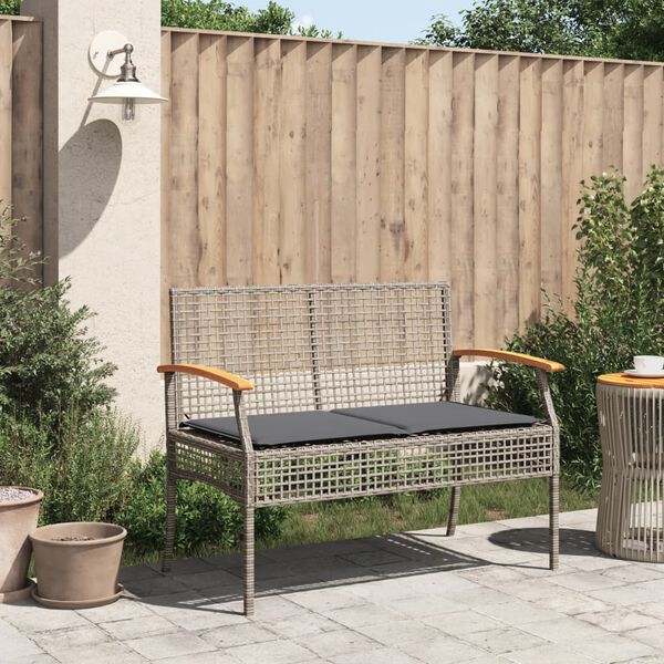 vidaXL Garden Bench with Cushion Grey Poly Rattan Acacia Wood