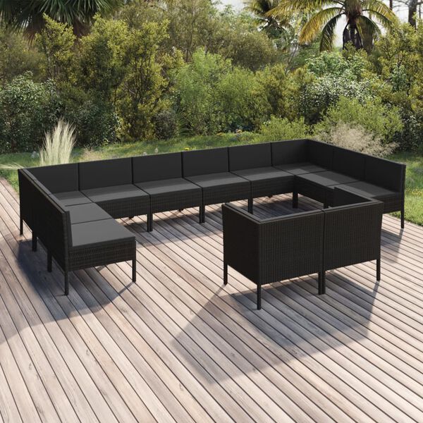 vidaXL 12 Piece Garden Lounge Set with Cushions Poly Rattan Black