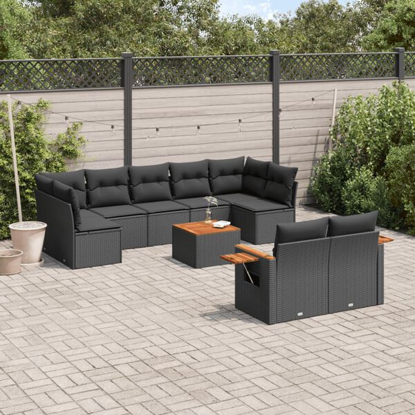 vidaXL 10 Piece Garden Sofa Set with Cushions Black Poly Rattan