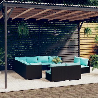 vidaXL 12 Piece Garden Lounge Set with Cushions Black Poly Rattan