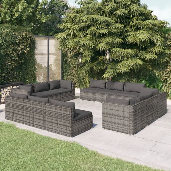 vidaXL 12 Piece Garden Lounge Set with Cushions Poly Rattan Grey