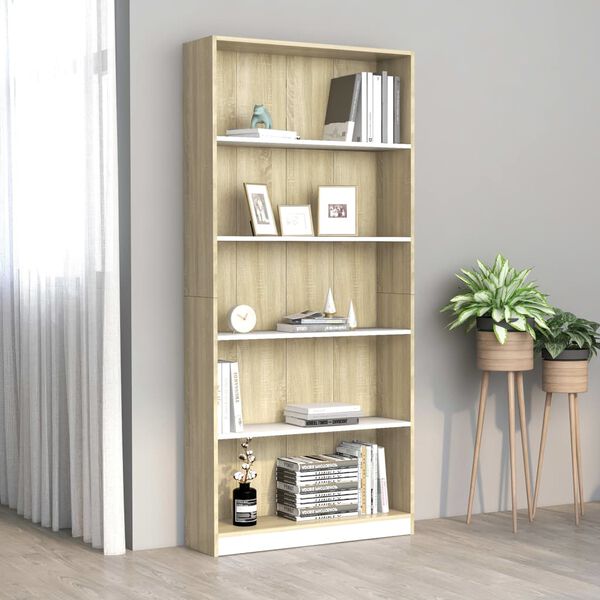 vidaXL 5-Tier Book Cabinet White and Sonoma Oak 80x24x175 cm Engineered Wood