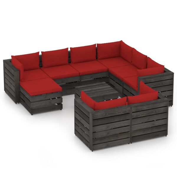 vidaXL 10 Piece Garden Lounge Set with Cushions Grey Impregnated Wood