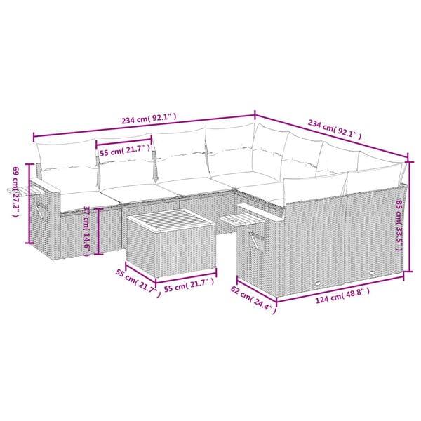 vidaXL 9 Piece Garden Sofa Set with Cushions Black Poly Rattan