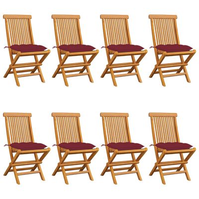 vidaXL Garden Chairs with Wine Red Cushions 8 pcs Solid Teak Wood