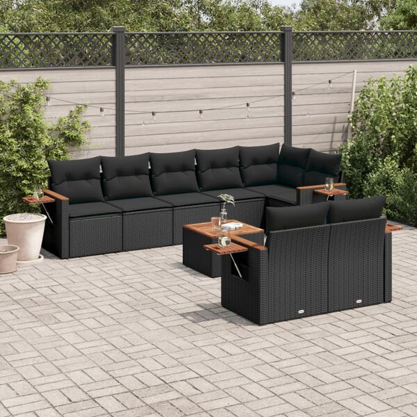 vidaXL 9 Piece Garden Sofa Set with Cushions Black Poly Rattan