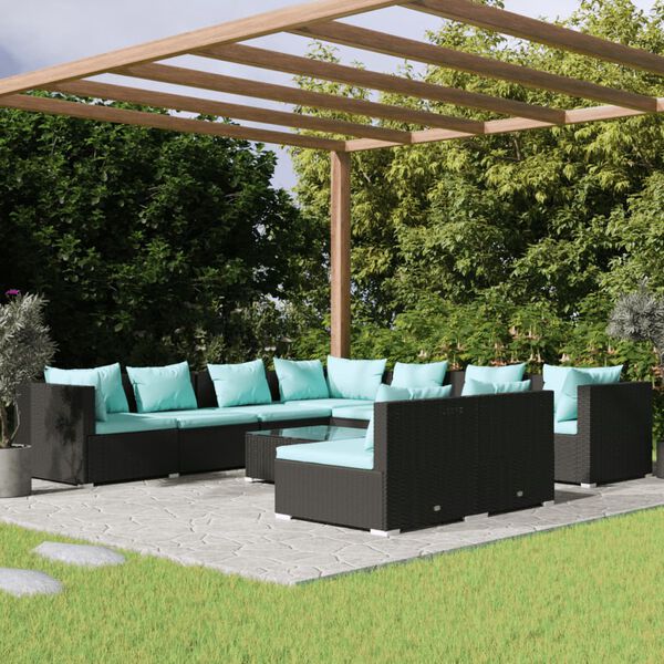 vidaXL 10 Piece Garden Lounge Set with Cushions Black Poly Rattan