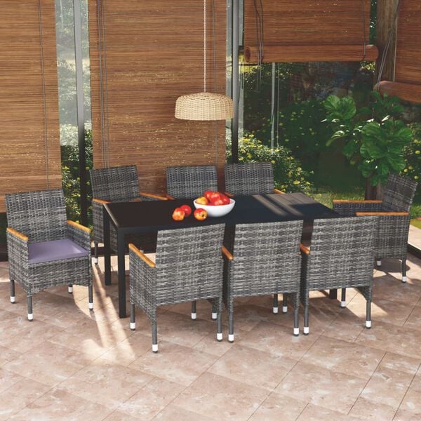 vidaXL 9 Piece Garden Dining Set with Cushions Poly Rattan Grey