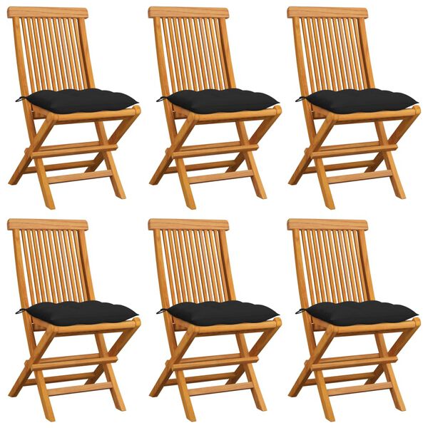 vidaXL Garden Chairs with Black Cushions 6 pcs Solid Teak Wood