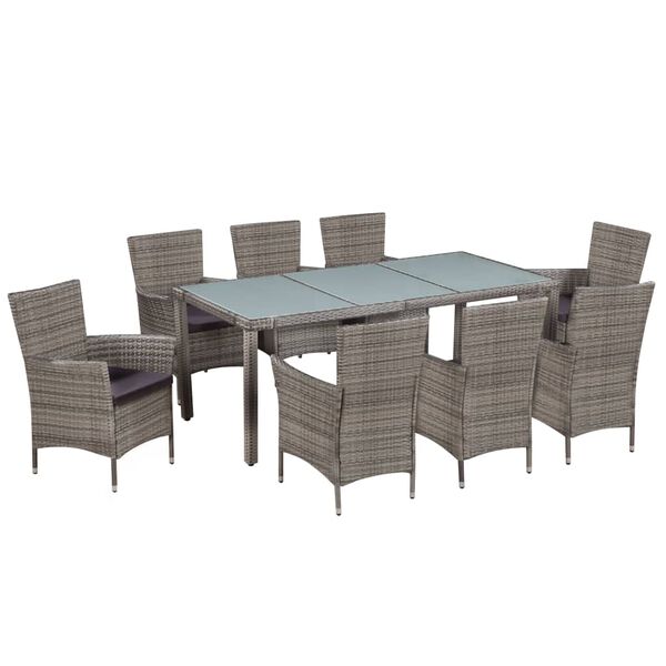 vidaXL 9 Piece Outdoor Dining Set with Cushions Poly Rattan Grey