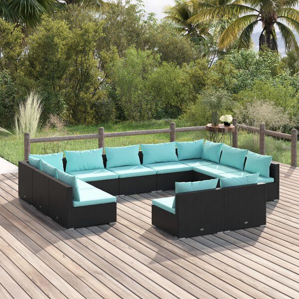 vidaXL 11 Piece Garden Lounge Set with Cushions Black Poly Rattan