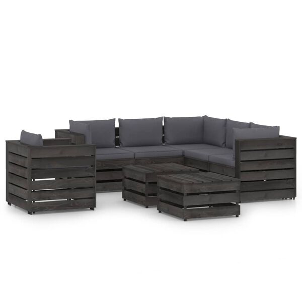 vidaXL 8 Piece Garden Lounge Set with Cushions Grey Impregnated Wood