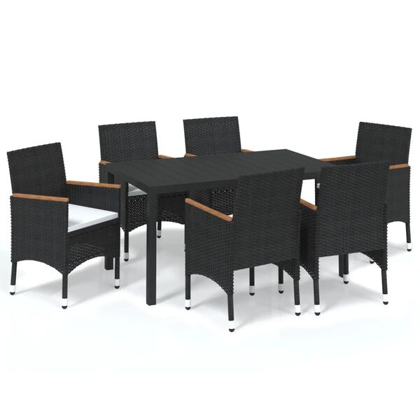 vidaXL 7 Piece Garden Dining Set with Cushions Poly Rattan Black