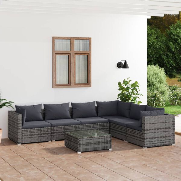 vidaXL 7 Piece Garden Lounge Set with Cushions Poly Rattan Grey