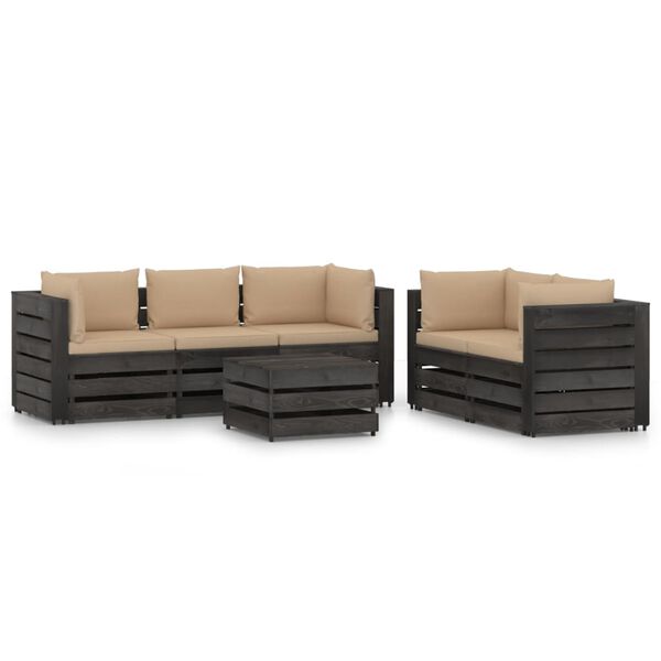 vidaXL 6 Piece Garden Lounge Set with Cushions Grey Impregnated Wood