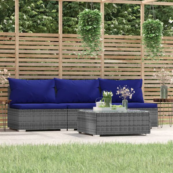 vidaXL 4 Piece Garden Lounge Set with Cushions Grey Poly Rattan