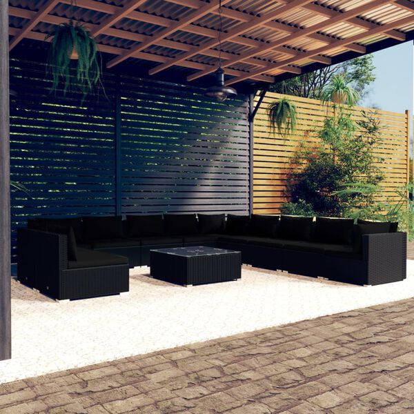 vidaXL 12 Piece Garden Lounge Set with Cushions Black Poly Rattan